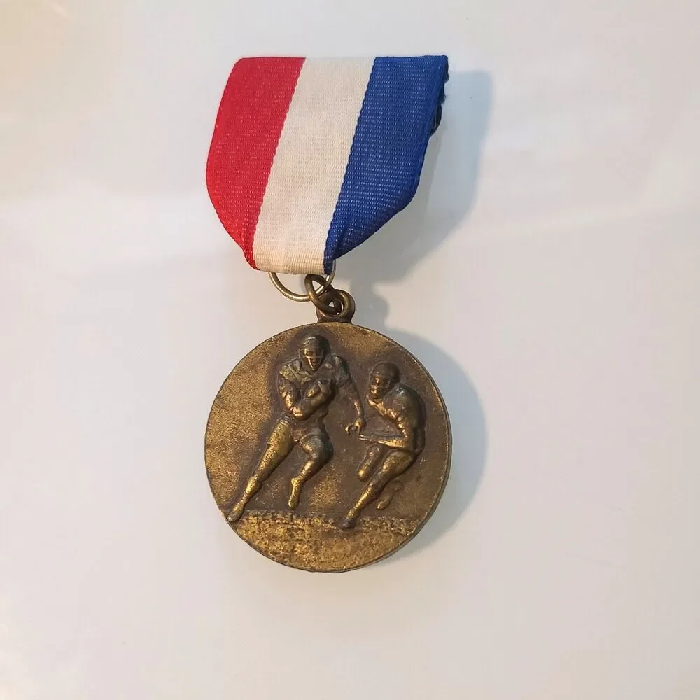 Vintage Football Sport Award Medal Ribbon Trophy Collectible Red White Blue